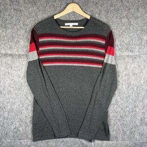 Parke and Ronen Sweater Men's Medium Gray Red Stripe Pullover Lightweight Crew